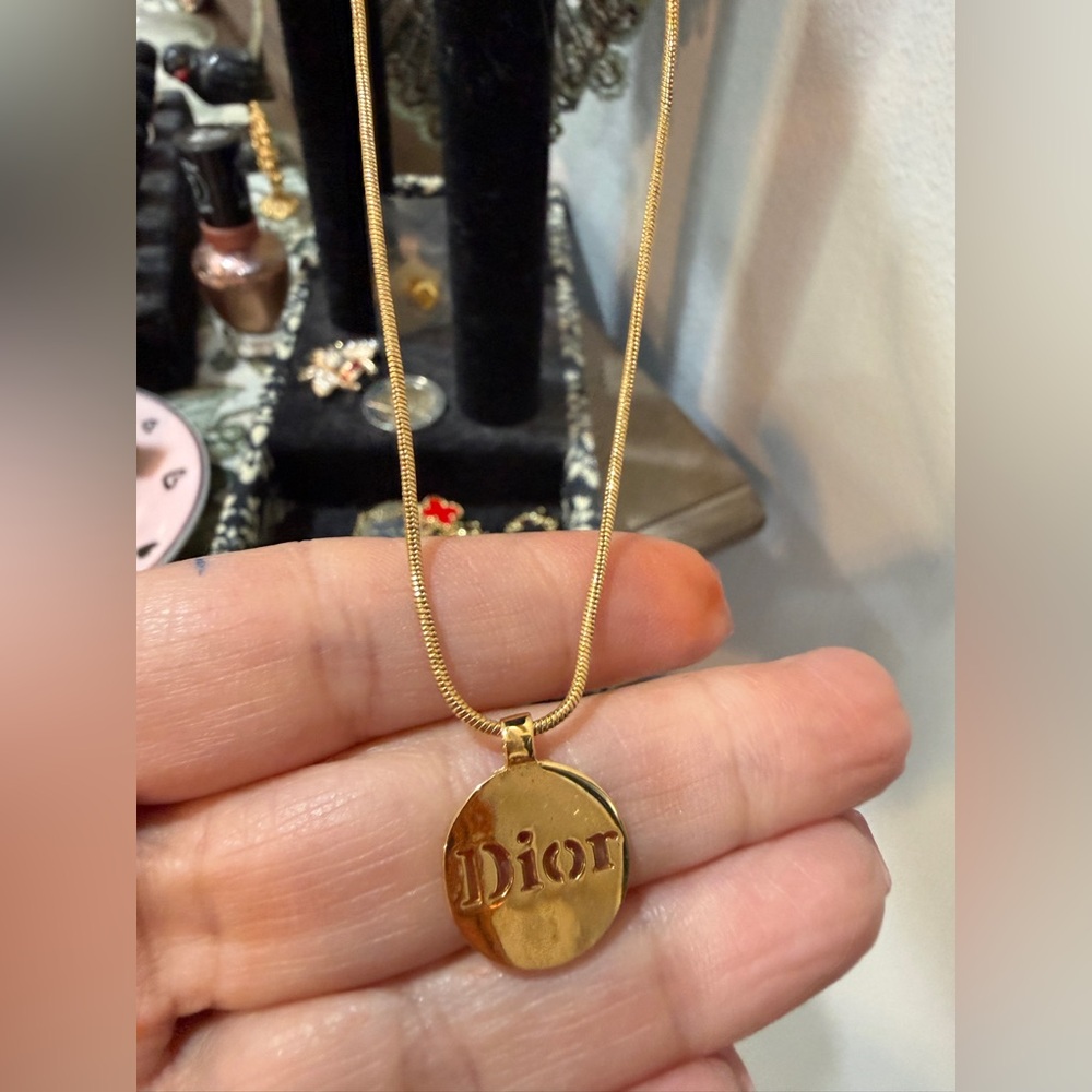 Dior Gold Tone Round Logo Pendant Necklace